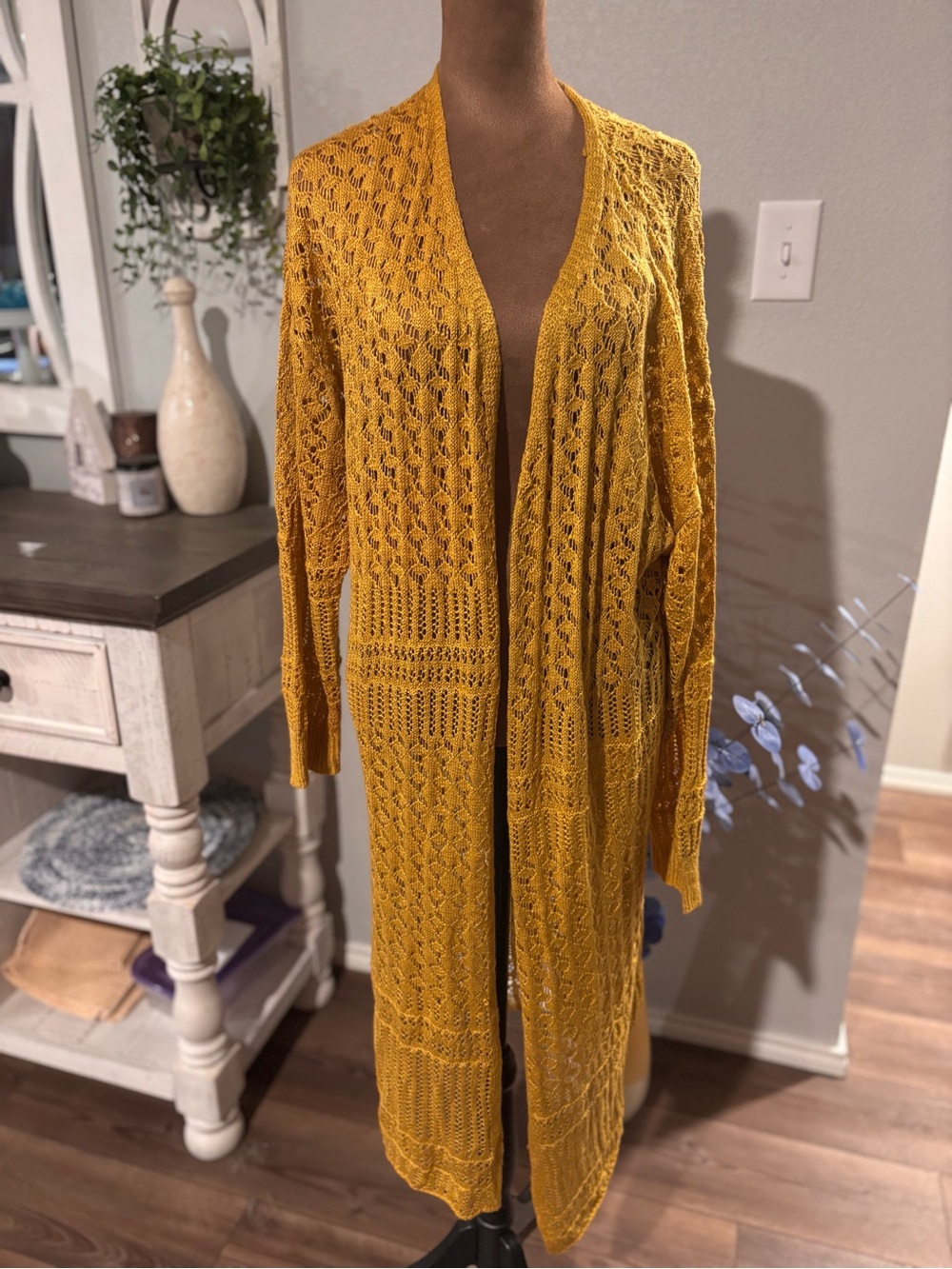 NWT Moral Fiber 3X Mustard Gold Open Knit Crochet Longline Duster Cardigan Boho